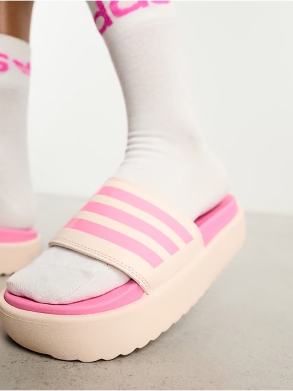 Adidas Adilette Women's Pink and Cream Slide Platform Sandals